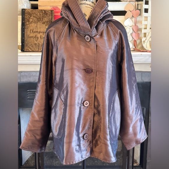 UBU Jackets & Blazers - UBU Reversible Rain Coat Jacket Shimmer Brown Black Button Front Cowl Pleated